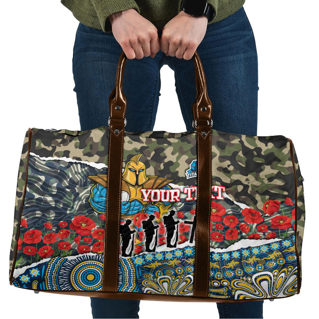 Personalized Gold Coast Titans ANZAC Travel Bag Indigenous Camouflage Poppy Memorial Soldier Spartan
