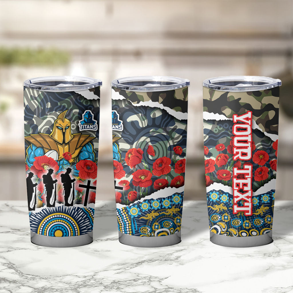 Personalized Gold Coast Titans ANZAC Tumbler Cup Indigenous Camouflage Poppy Memorial Soldier Spartan