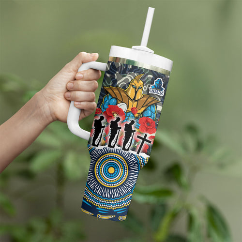Personalized Gold Coast Titans ANZAC Tumbler With Handle Indigenous Camouflage Poppy Memorial Soldier Spartan