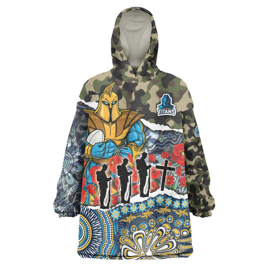 Personalized Gold Coast Titans ANZAC Wearable Blanket Hoodie Indigenous Camouflage Poppy Memorial Soldier Spartan