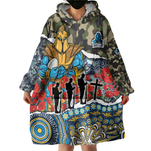 Personalized Gold Coast Titans ANZAC Wearable Blanket Hoodie Indigenous Camouflage Poppy Memorial Soldier Spartan