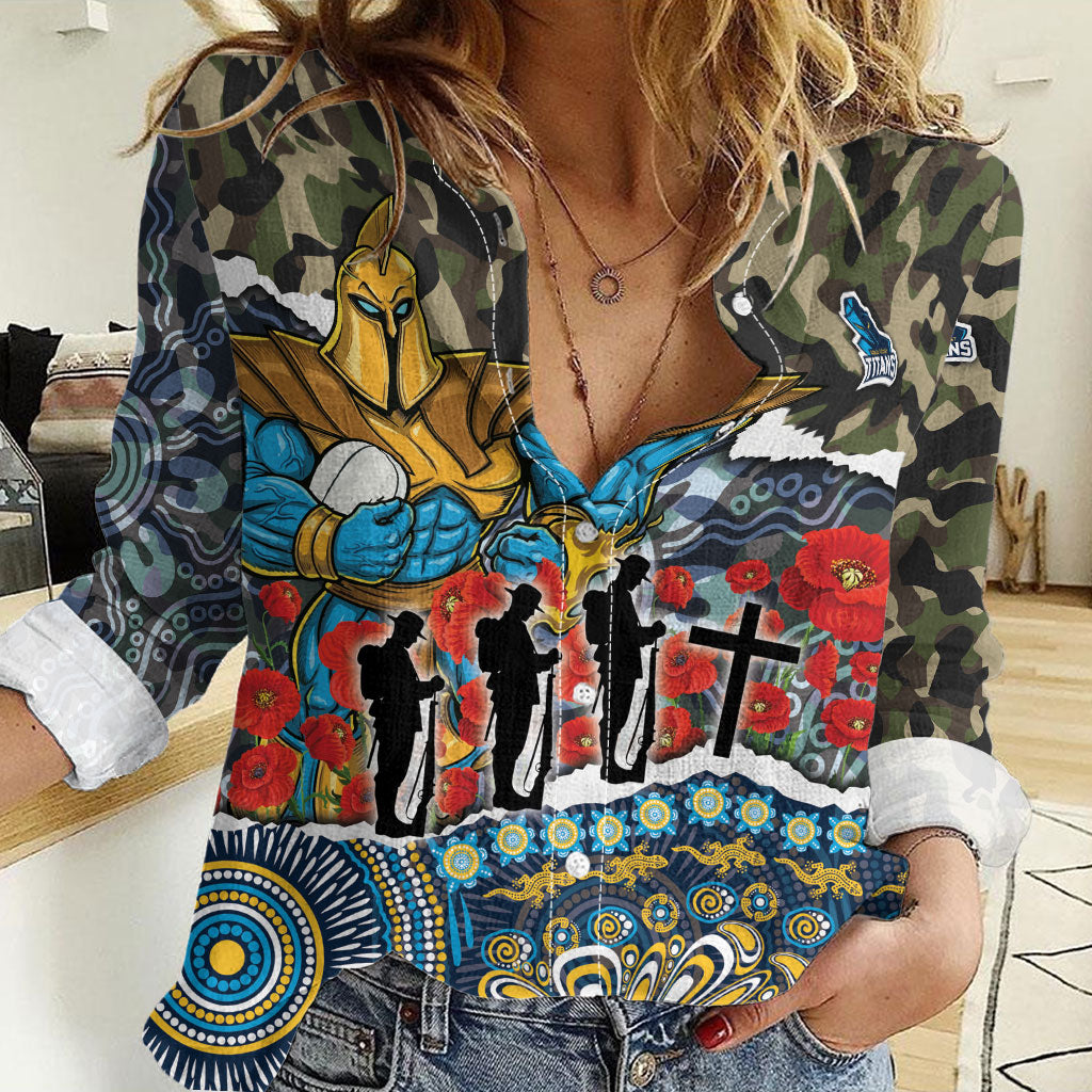 Personalized Gold Coast Titans ANZAC Women Casual Shirt Indigenous Camouflage Poppy Memorial Soldier Spartan