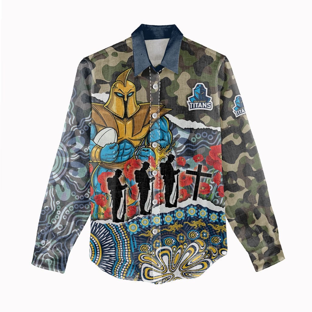 Personalized Gold Coast Titans ANZAC Women Casual Shirt Indigenous Camouflage Poppy Memorial Soldier Spartan