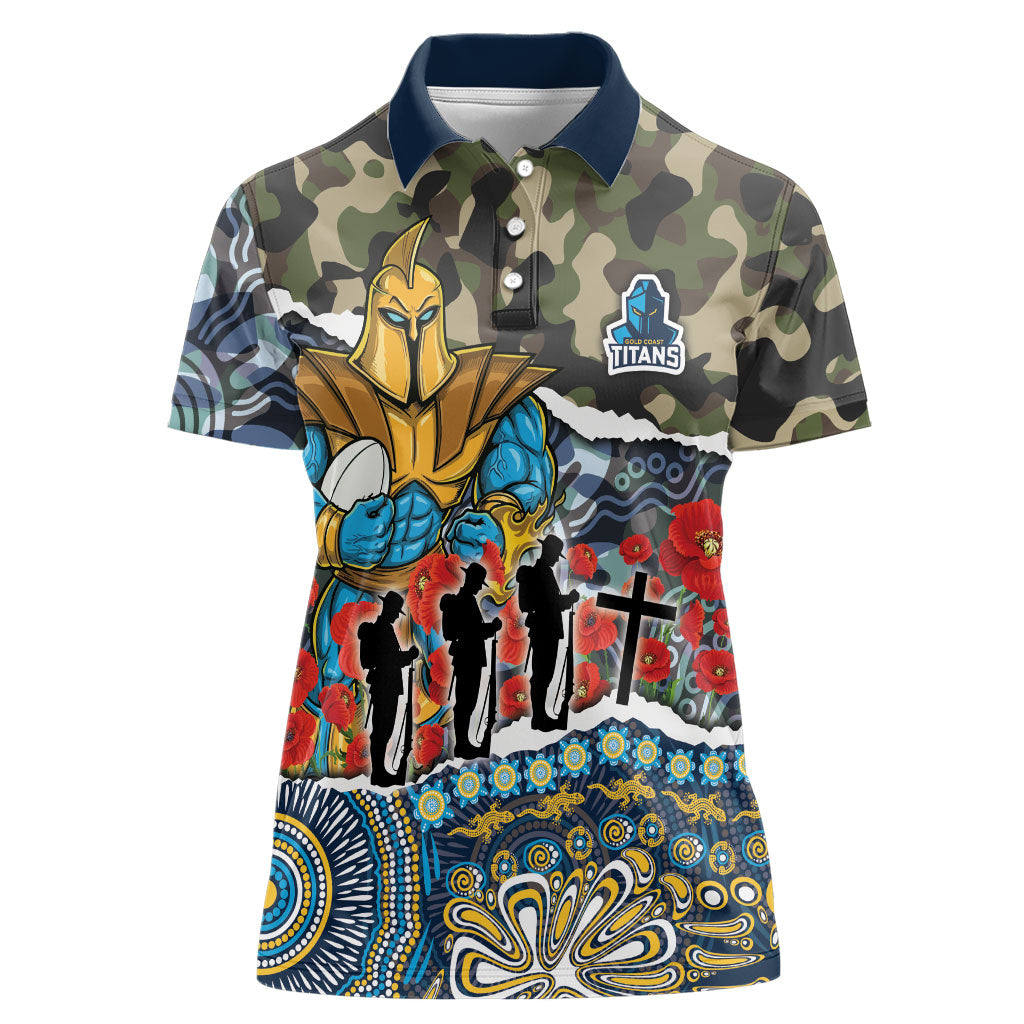 Personalized Gold Coast Titans ANZAC Women Polo Shirt Indigenous Camouflage Poppy Memorial Soldier Spartan