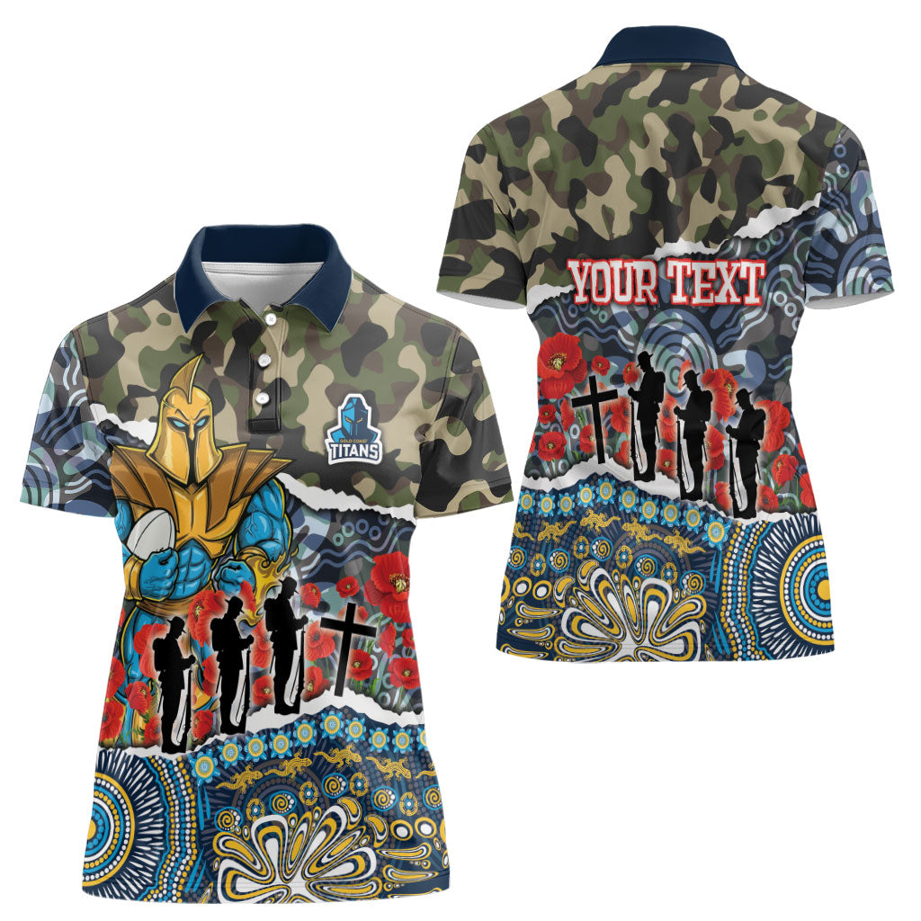 Personalized Gold Coast Titans ANZAC Women Polo Shirt Indigenous Camouflage Poppy Memorial Soldier Spartan