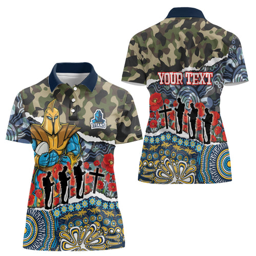 Personalized Gold Coast Titans ANZAC Women Polo Shirt Indigenous Camouflage Poppy Memorial Soldier Spartan