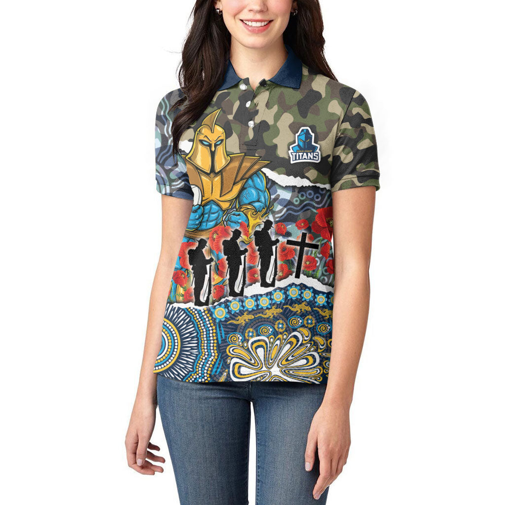 Personalized Gold Coast Titans ANZAC Women Polo Shirt Indigenous Camouflage Poppy Memorial Soldier Spartan