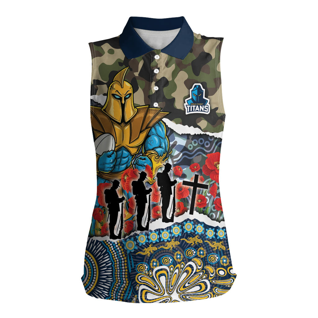 Personalized Gold Coast Titans ANZAC Women Sleeveless Polo Shirt Indigenous Camouflage Poppy Memorial Soldier Spartan