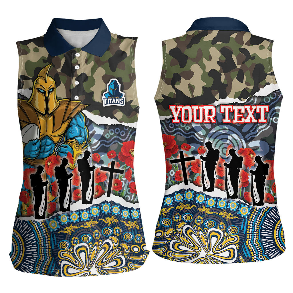 Personalized Gold Coast Titans ANZAC Women Sleeveless Polo Shirt Indigenous Camouflage Poppy Memorial Soldier Spartan