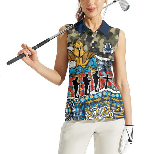 Personalized Gold Coast Titans ANZAC Women Sleeveless Polo Shirt Indigenous Camouflage Poppy Memorial Soldier Spartan