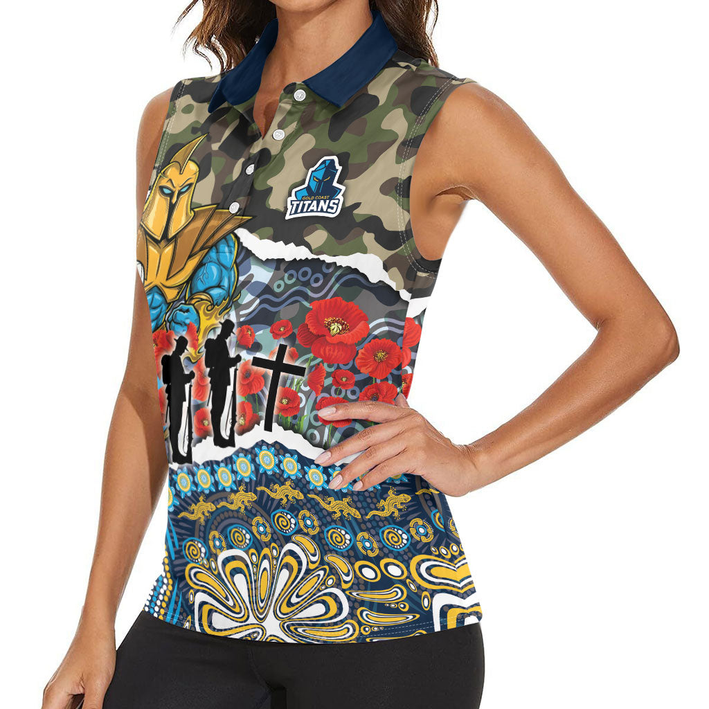 Personalized Gold Coast Titans ANZAC Women Sleeveless Polo Shirt Indigenous Camouflage Poppy Memorial Soldier Spartan