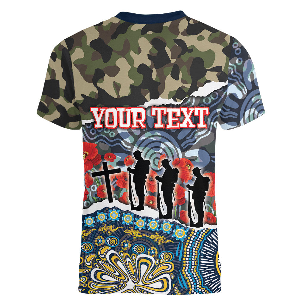 Personalized Gold Coast Titans ANZAC Women V-Neck T-Shirt Indigenous Camouflage Poppy Memorial Soldier Spartan