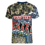 Personalized Gold Coast Titans ANZAC Women V-Neck T-Shirt Indigenous Camouflage Poppy Memorial Soldier Spartan