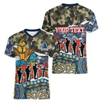 Personalized Gold Coast Titans ANZAC Women V-Neck T-Shirt Indigenous Camouflage Poppy Memorial Soldier Spartan