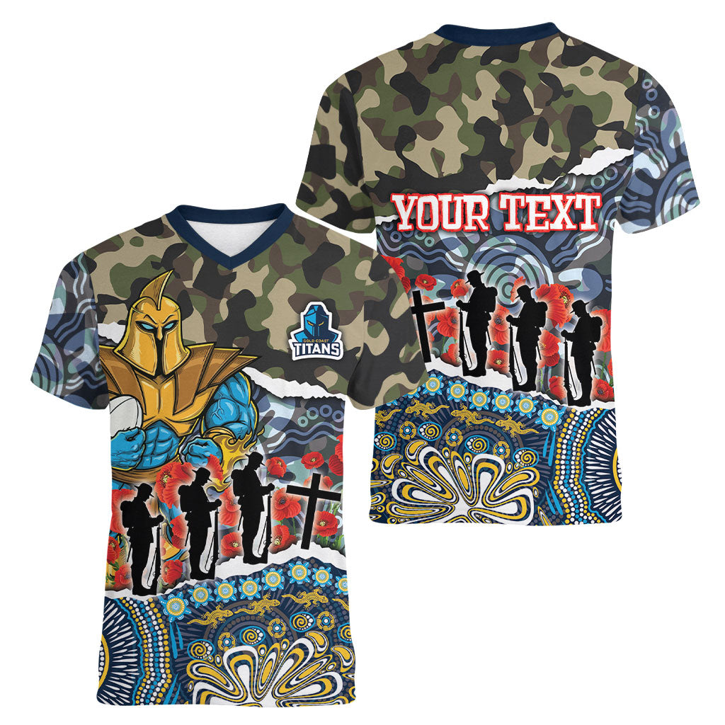 Personalized Gold Coast Titans ANZAC Women V-Neck T-Shirt Indigenous Camouflage Poppy Memorial Soldier Spartan