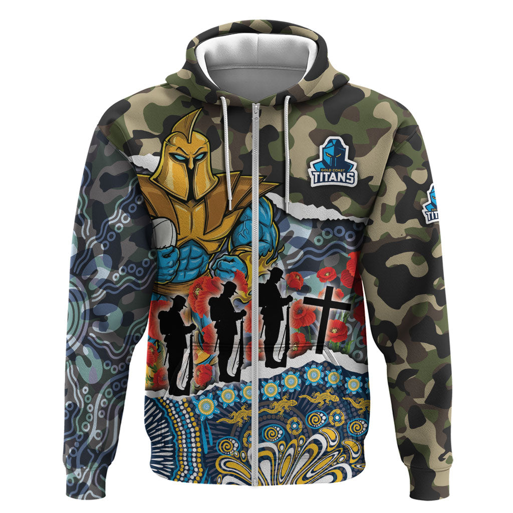 Personalized Gold Coast Titans ANZAC Zip Hoodie Indigenous Camouflage Poppy Memorial Soldier Spartan