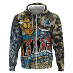 Personalized Gold Coast Titans ANZAC Zip Hoodie Indigenous Camouflage Poppy Memorial Soldier Spartan