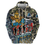 Personalized Gold Coast Titans ANZAC Zip Hoodie Indigenous Camouflage Poppy Memorial Soldier Spartan