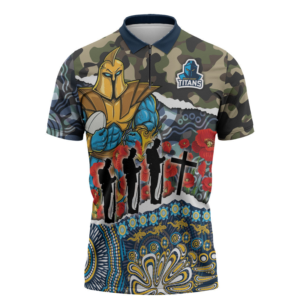 Personalized Gold Coast Titans ANZAC Zipper Polo Shirt Indigenous Camouflage Poppy Memorial Soldier Spartan