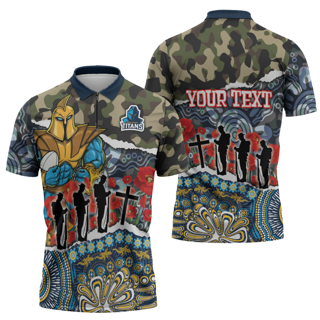 Personalized Gold Coast Titans ANZAC Zipper Polo Shirt Indigenous Camouflage Poppy Memorial Soldier Spartan