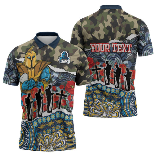 Personalized Gold Coast Titans ANZAC Zipper Polo Shirt Indigenous Camouflage Poppy Memorial Soldier Spartan