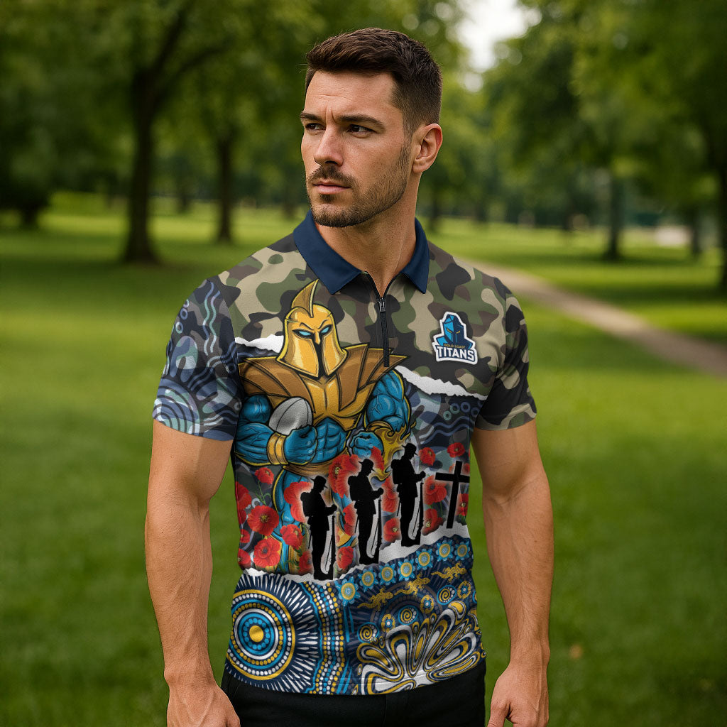 Personalized Gold Coast Titans ANZAC Zipper Polo Shirt Indigenous Camouflage Poppy Memorial Soldier Spartan