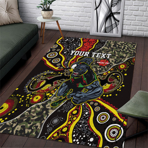 Personalized Penrith Panthers ANZAC Area Rug Aboriginal Indigenous Poppy Panther Warrior