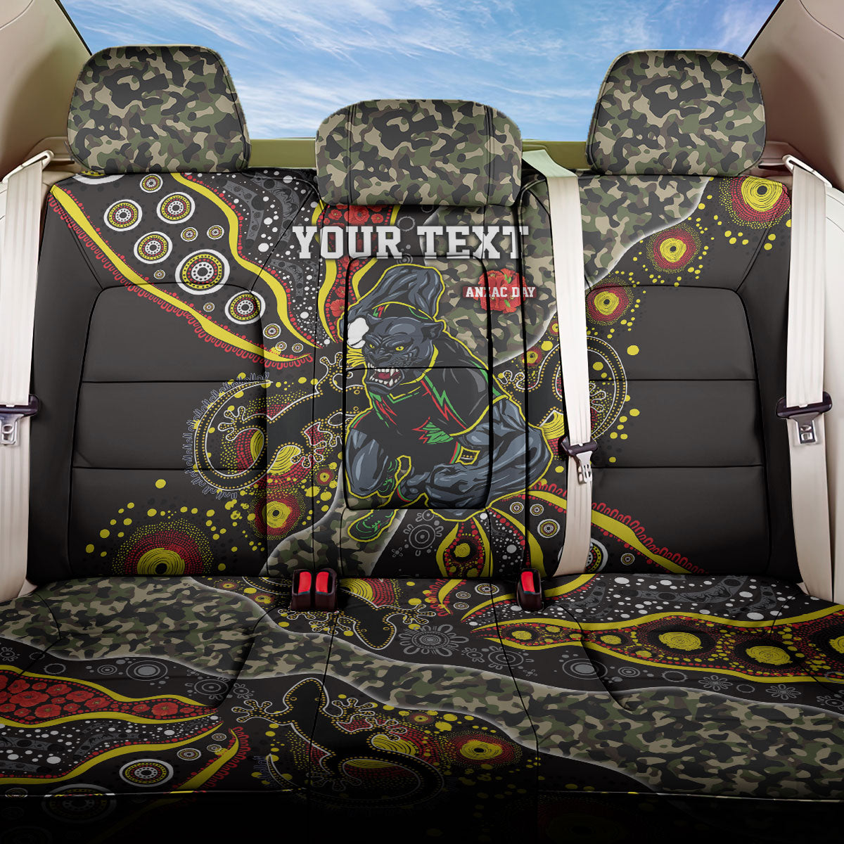 Personalized Penrith Panthers ANZAC Back Car Seat Cover Aboriginal Indigenous Poppy Panther Warrior