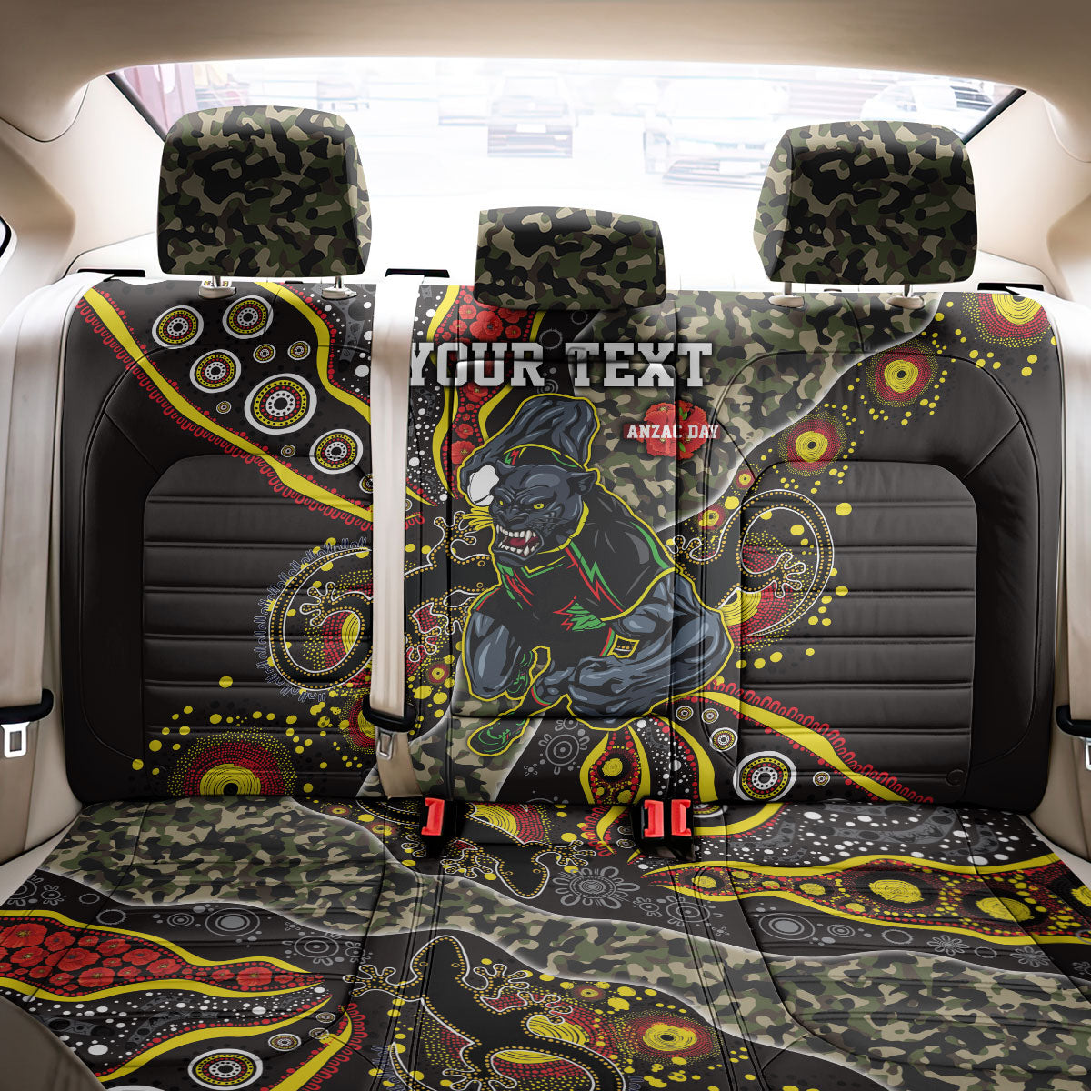 Personalized Penrith Panthers ANZAC Back Car Seat Cover Aboriginal Indigenous Poppy Panther Warrior