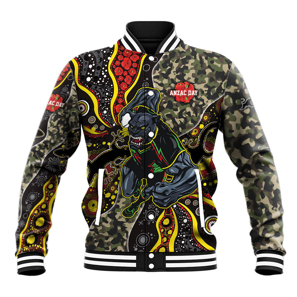 Personalized Penrith Panthers ANZAC Baseball Jacket Aboriginal Indigenous Poppy Panther Warrior