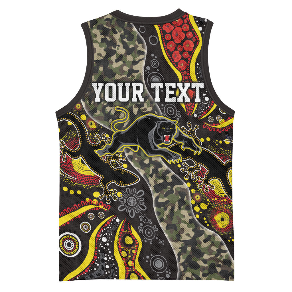 Personalized Penrith Panthers ANZAC Basketball Jersey Aboriginal Indigenous Poppy Panther Warrior