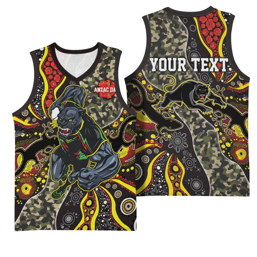 Personalized Penrith Panthers ANZAC Basketball Jersey Aboriginal Indigenous Poppy Panther Warrior