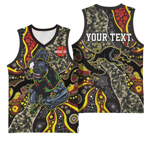 Personalized Penrith Panthers ANZAC Basketball Jersey Aboriginal Indigenous Poppy Panther Warrior