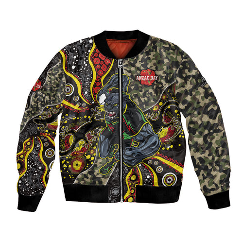 Personalized Penrith Panthers ANZAC Bomber Jacket Aboriginal Indigenous Poppy Panther Warrior