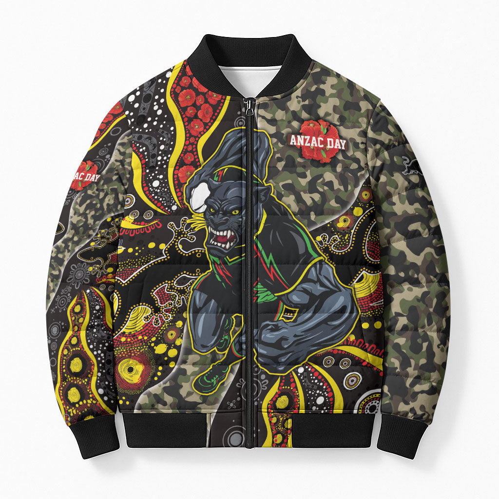 Personalized Penrith Panthers ANZAC Bomber Puffer Jacket Aboriginal Indigenous Poppy Panther Warrior