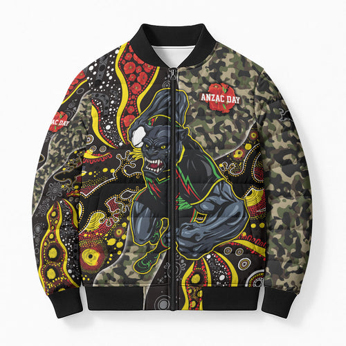 Personalized Penrith Panthers ANZAC Bomber Puffer Jacket Aboriginal Indigenous Poppy Panther Warrior