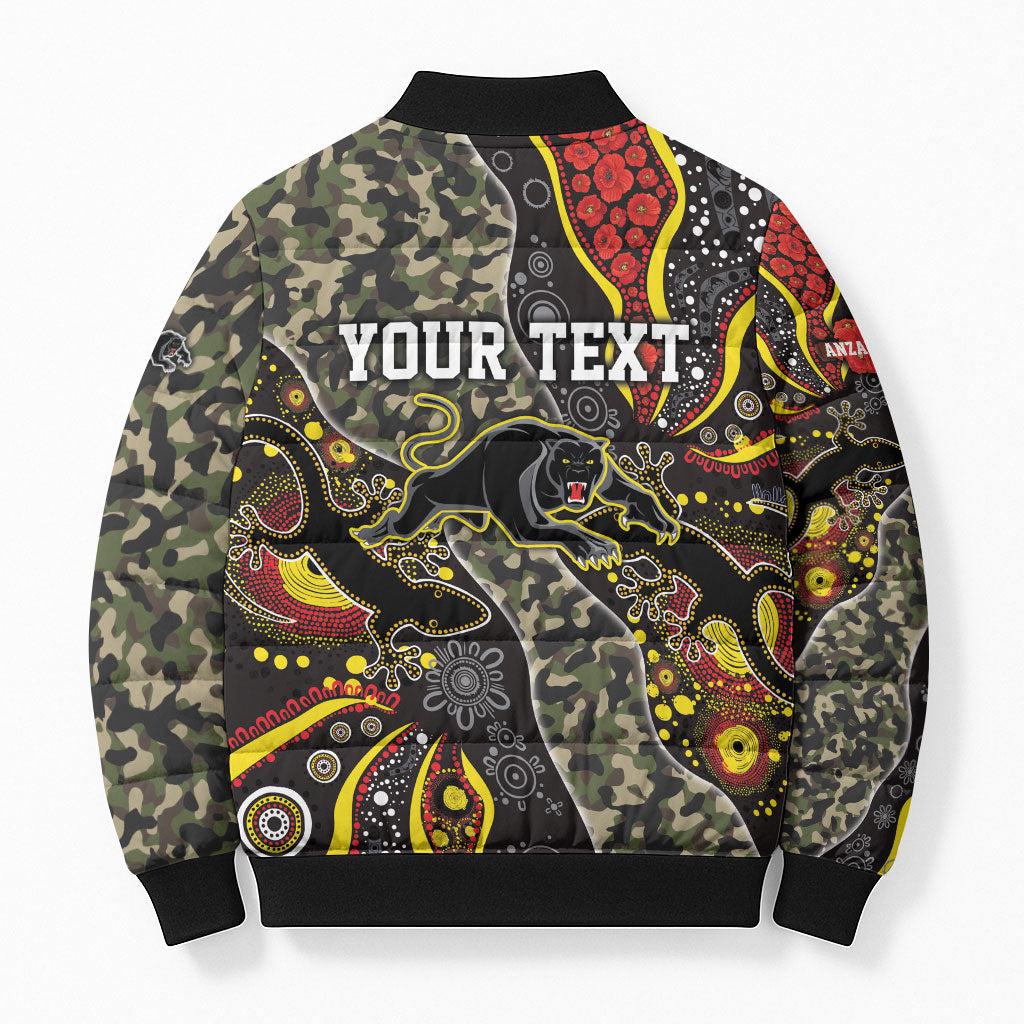 Personalized Penrith Panthers ANZAC Bomber Puffer Jacket Aboriginal Indigenous Poppy Panther Warrior