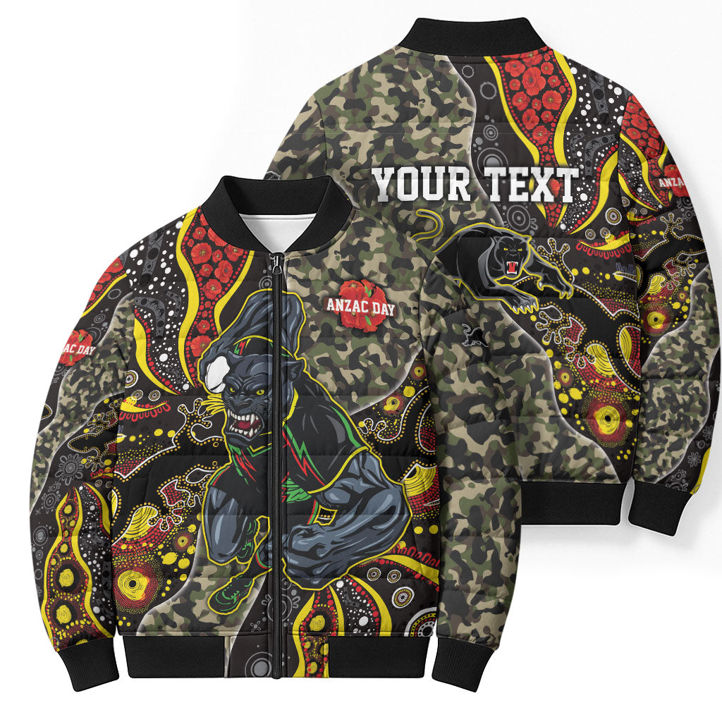 Personalized Penrith Panthers ANZAC Bomber Puffer Jacket Aboriginal Indigenous Poppy Panther Warrior