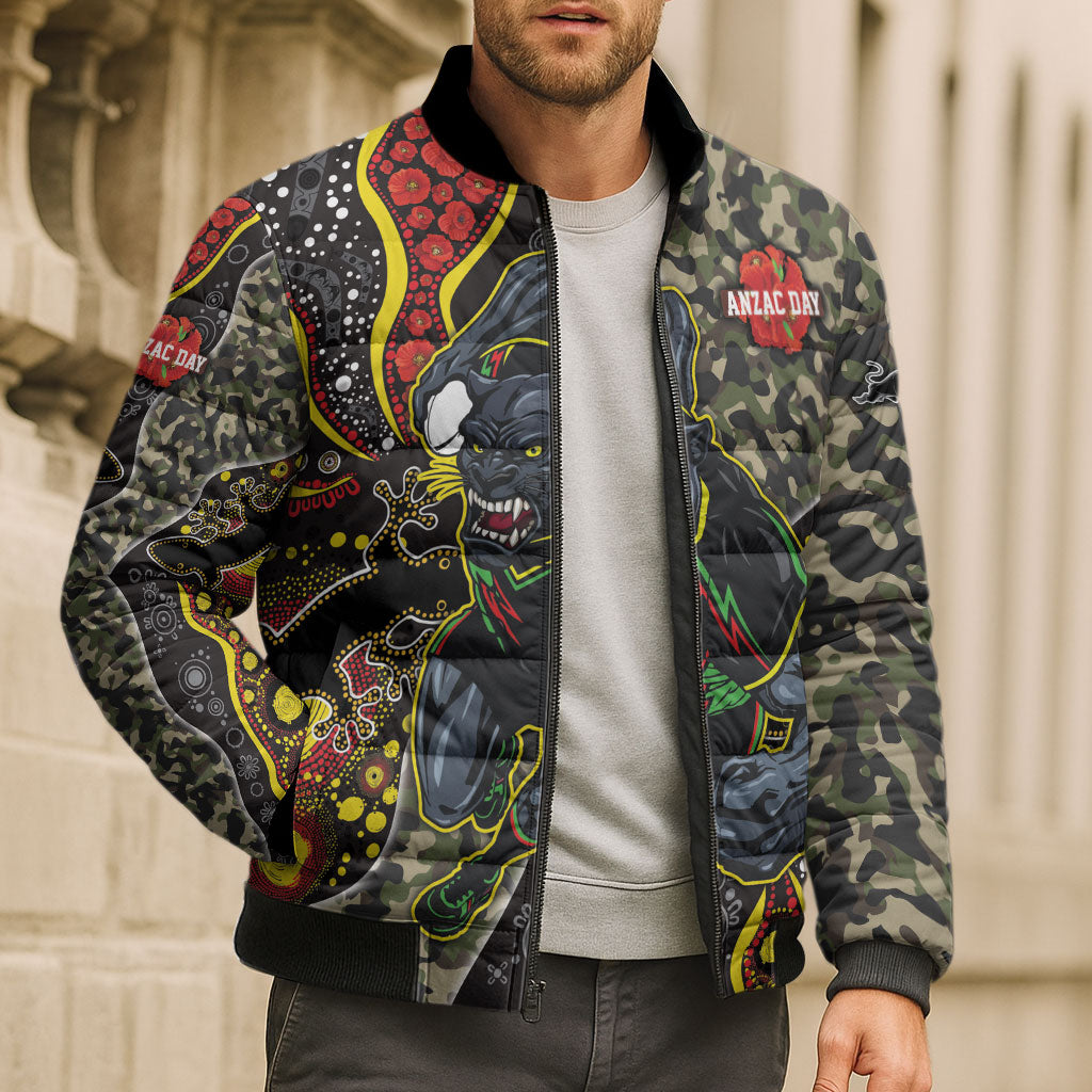 Personalized Penrith Panthers ANZAC Bomber Puffer Jacket Aboriginal Indigenous Poppy Panther Warrior