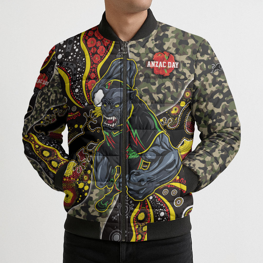Personalized Penrith Panthers ANZAC Bomber Puffer Jacket Aboriginal Indigenous Poppy Panther Warrior