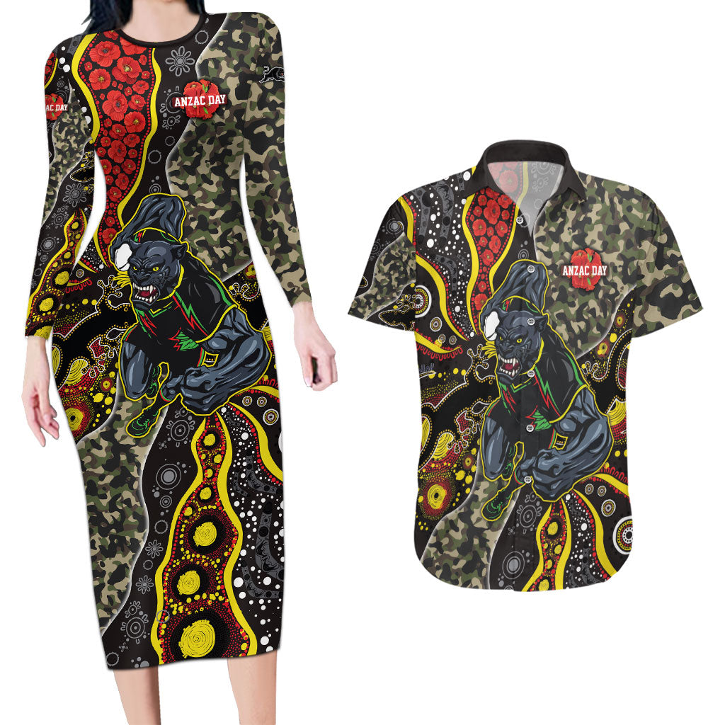 Personalized Penrith Panthers ANZAC Couples Matching Long Sleeve Bodycon Dress and Hawaiian Shirt Aboriginal Indigenous Poppy Panther Warrior