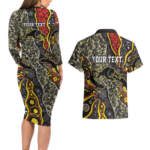 Personalized Penrith Panthers ANZAC Couples Matching Long Sleeve Bodycon Dress and Hawaiian Shirt Aboriginal Indigenous Poppy Panther Warrior