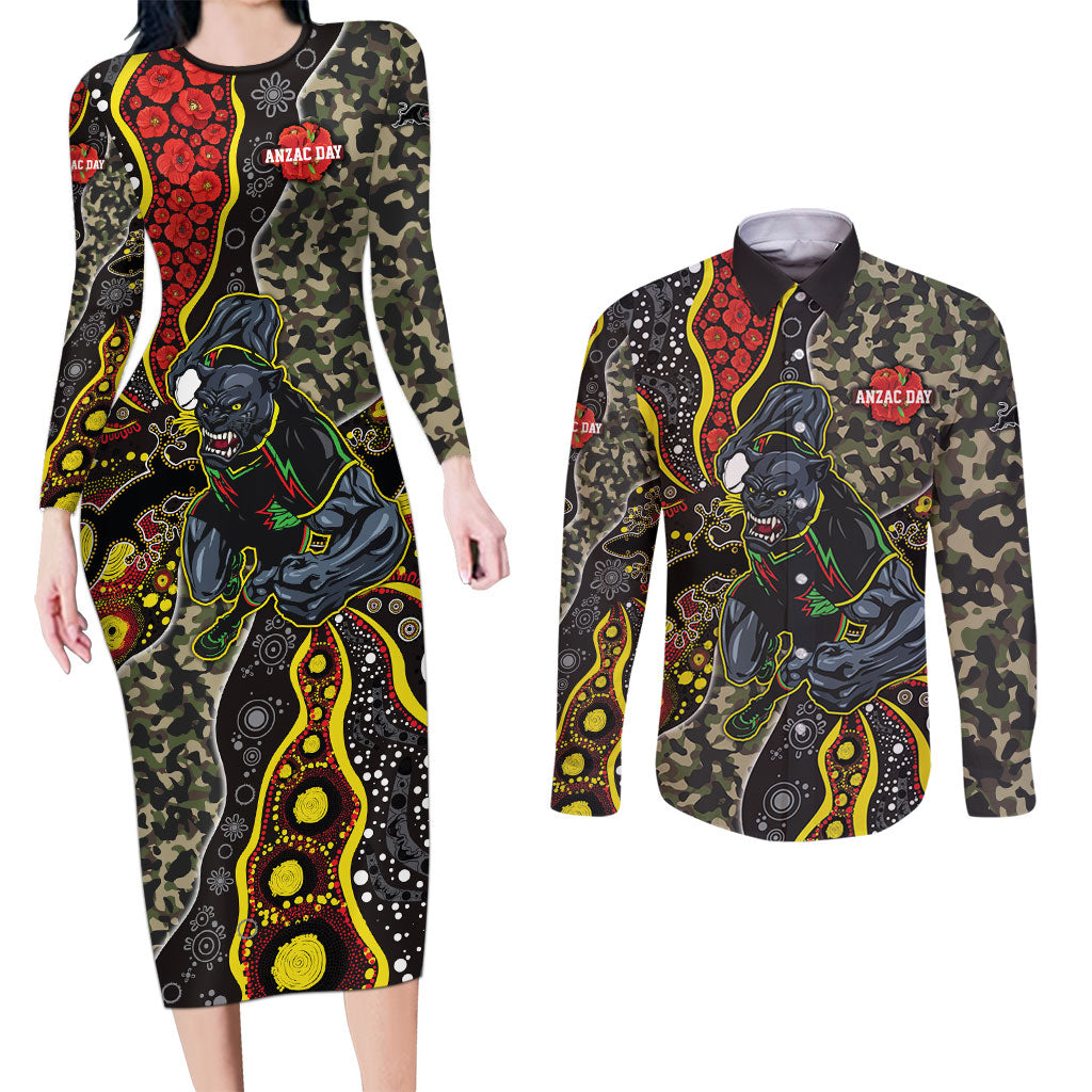 Personalized Penrith Panthers ANZAC Couples Matching Long Sleeve Bodycon Dress and Long Sleeve Button Shirt Aboriginal Indigenous Poppy Panther Warrior