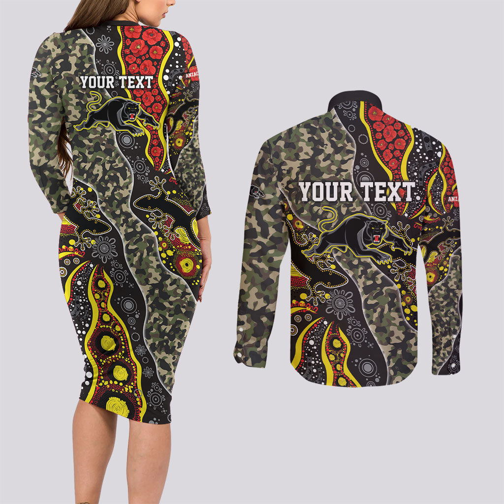 Personalized Penrith Panthers ANZAC Couples Matching Long Sleeve Bodycon Dress and Long Sleeve Button Shirt Aboriginal Indigenous Poppy Panther Warrior