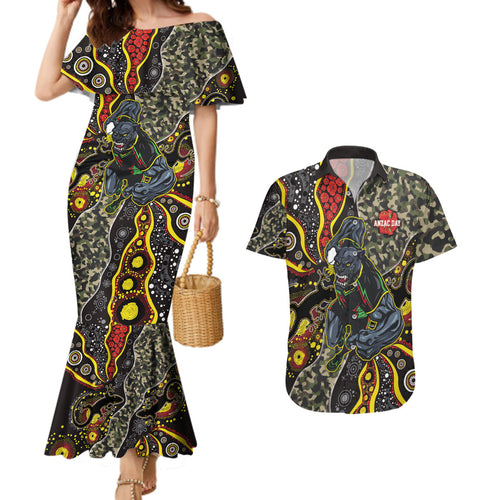 Personalized Penrith Panthers ANZAC Couples Matching Mermaid Dress and Hawaiian Shirt Aboriginal Indigenous Poppy Panther Warrior