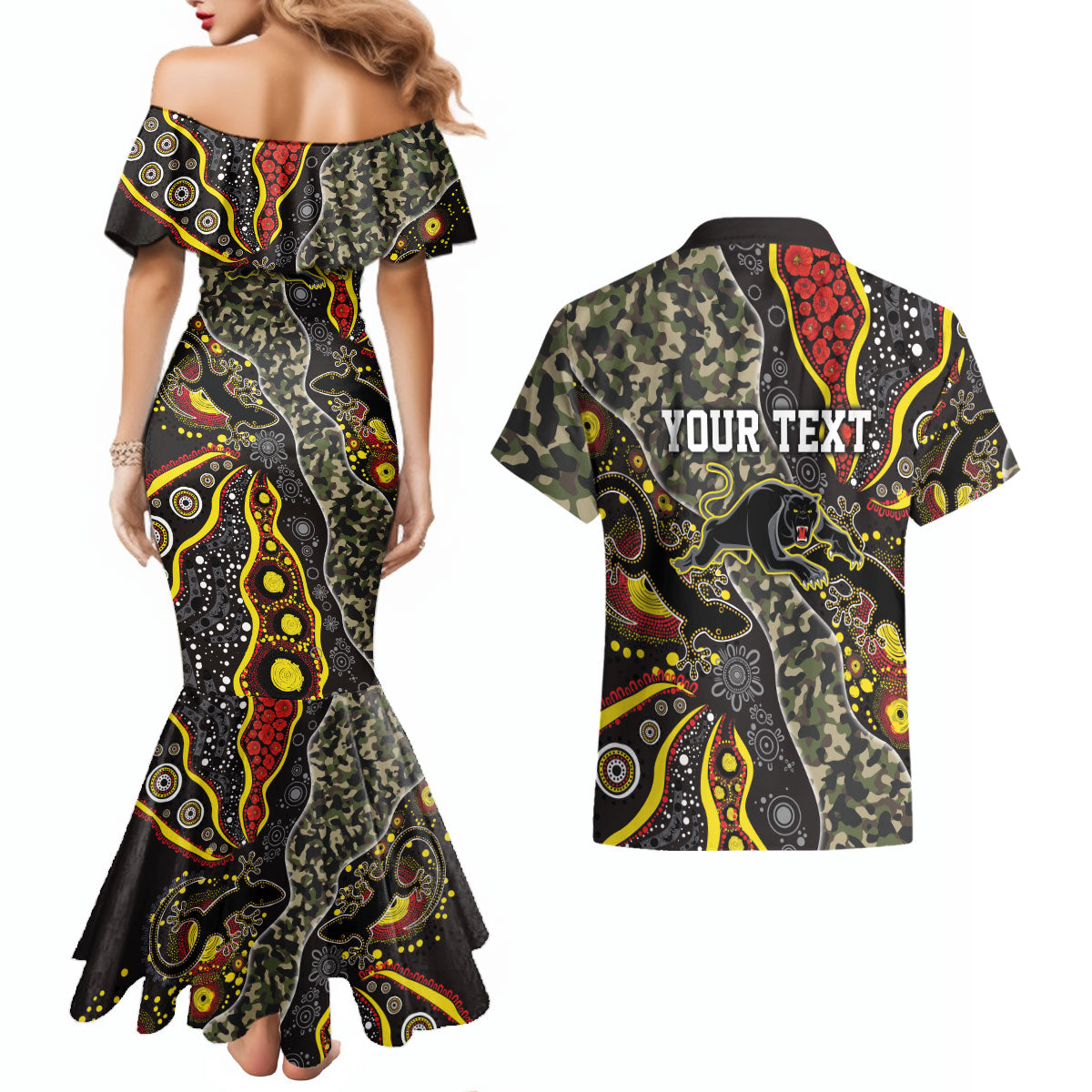 Personalized Penrith Panthers ANZAC Couples Matching Mermaid Dress and Hawaiian Shirt Aboriginal Indigenous Poppy Panther Warrior