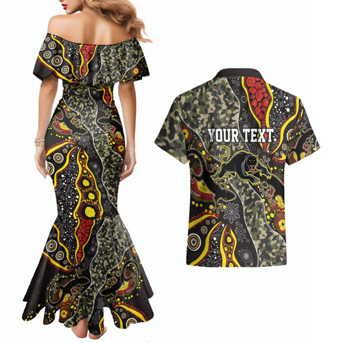 Personalized Penrith Panthers ANZAC Couples Matching Mermaid Dress and Hawaiian Shirt Aboriginal Indigenous Poppy Panther Warrior