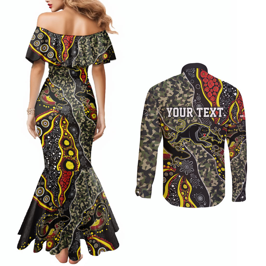 Personalized Penrith Panthers ANZAC Couples Matching Mermaid Dress and Long Sleeve Button Shirt Aboriginal Indigenous Poppy Panther Warrior