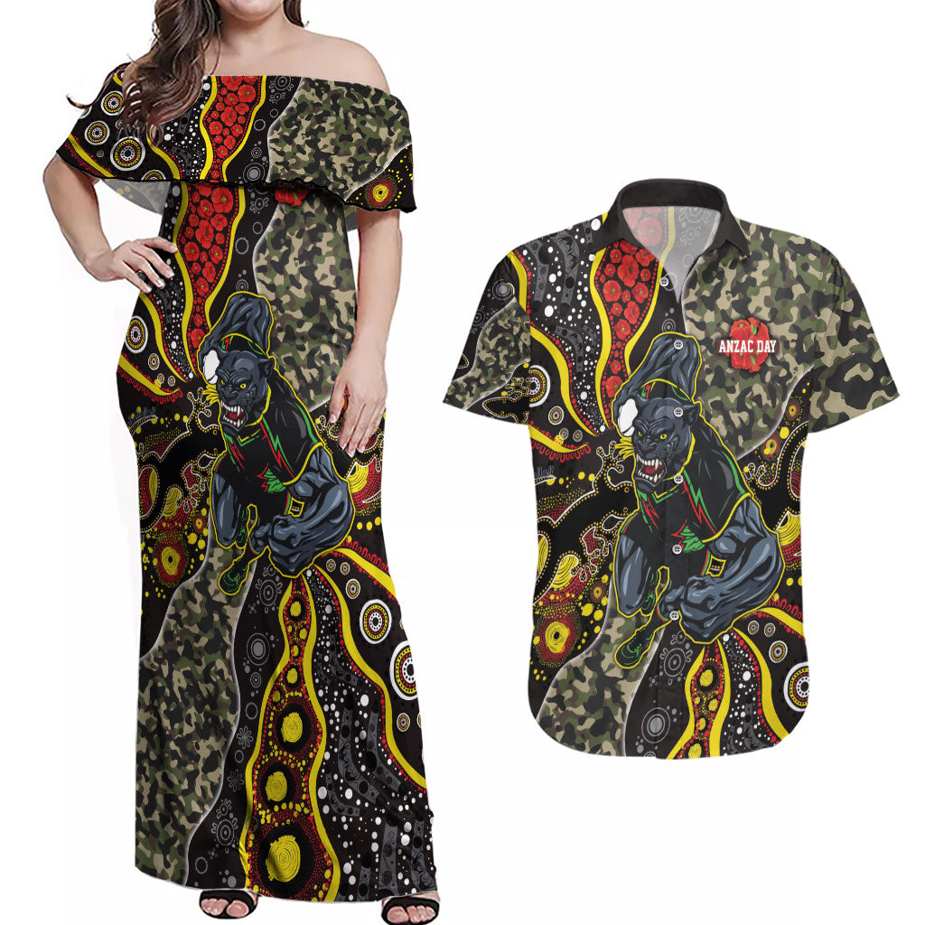 Personalized Penrith Panthers ANZAC Couples Matching Off Shoulder Maxi Dress and Hawaiian Shirt Aboriginal Indigenous Poppy Panther Warrior