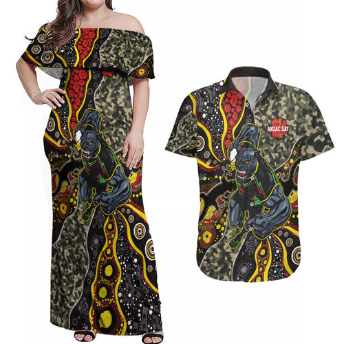 Personalized Penrith Panthers ANZAC Couples Matching Off Shoulder Maxi Dress and Hawaiian Shirt Aboriginal Indigenous Poppy Panther Warrior